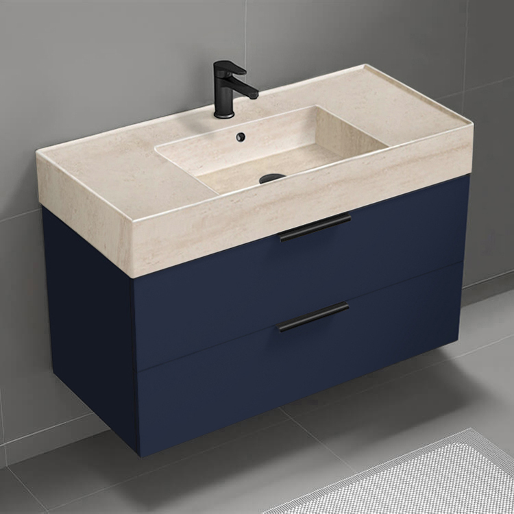 Nameeks DERIN432 Wall Mounted Bathroom Vanity With Beige Travertine Design Sink, Modern, Single, 40 Inch, Night Blue